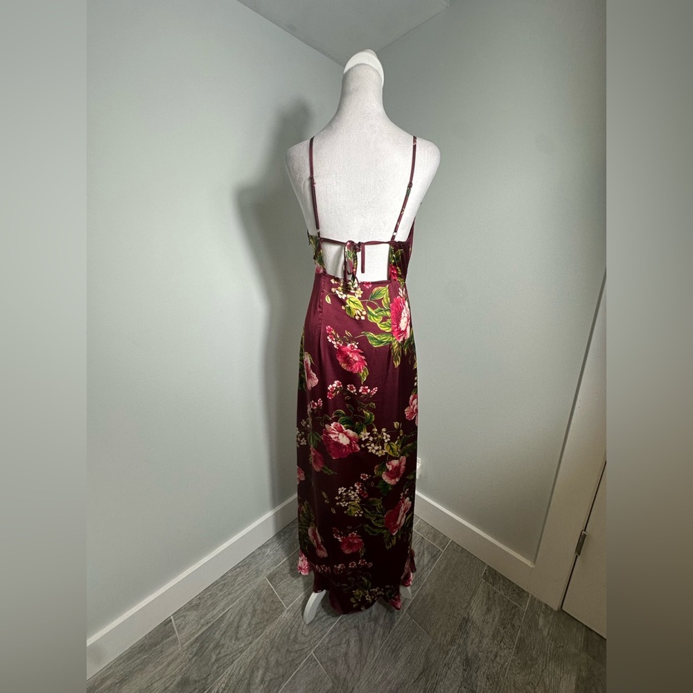 VICI Capriccio Satin Floral Ruffle  Burgundy Maxi Dress- Size Medium - Picture 9 of 17